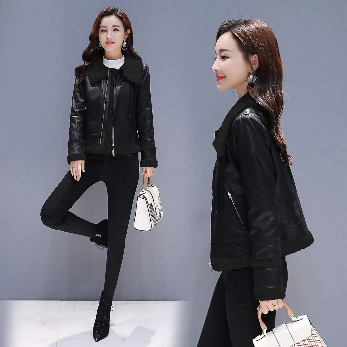 Женская короткая куртка из искусственной кожи плотная теплая локомотивная с