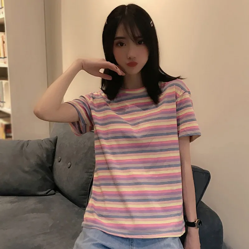Футболка женская в радужную полоску модный топ хлопковая Базовая Свободная