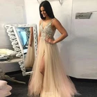 ANGELSBRIDEP, Длинные вечерние платья с V-образным вырезом, 2021, детские платья, сексуальные платья с разрезом сбоку, бисером, тюлевые платья Золушки для выпускного вечера