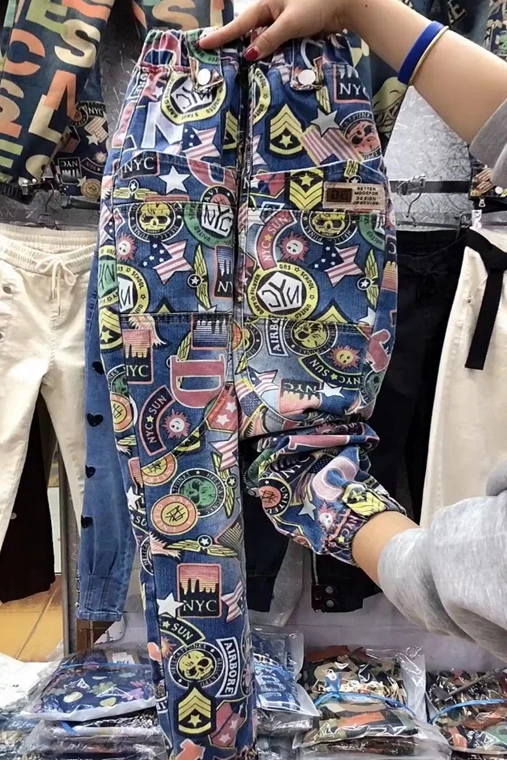 

2021 Spring Summer Fashion Cotton Super Stretchy Jeans Women Elastic Waist Denim Pants Printed Cropped Harem Pants Streetwear