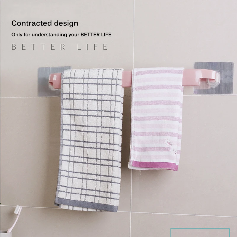 Bathroom Towel Hanger Plastic Towel Holder Bath Kitchen Hotel Self Adhesive Hanging Rail Bathroom Supplies Rod Organiser Rack