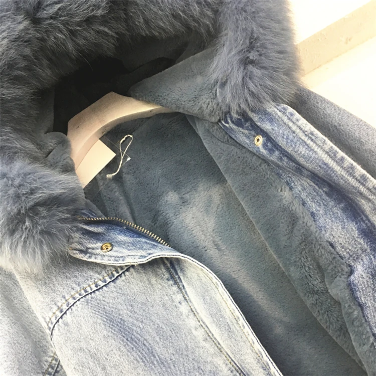 Женская зимняя джинсовая куртка теплая Толстая Съемная с воротником из