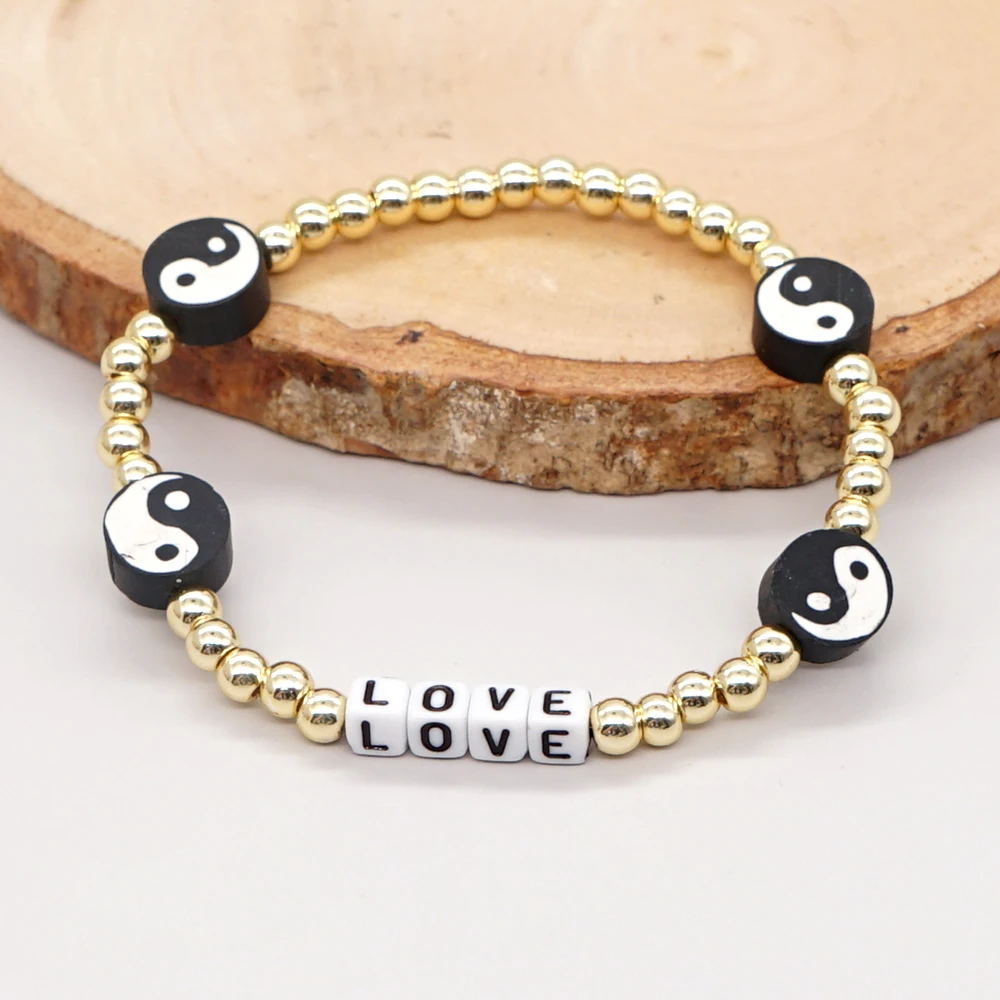 

Go2BoHo Gold Colored Semeprecious Stone Beads Bracelet Fashion Jewelry Letters Love Bracelet for Women Yin Yang Tai Chi Bracelet