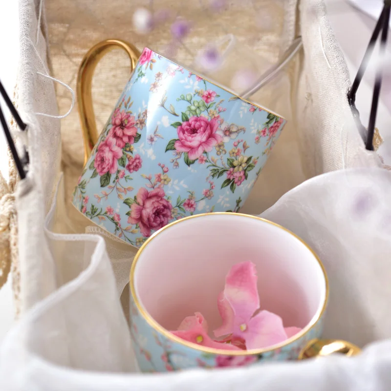 Vintage Bone China 12oz Coffee Mugs Pastoral Rose Tea Cups Milk Cup Gift For Women Mom Friends Home And Office Drinkware Blue | Дом и сад