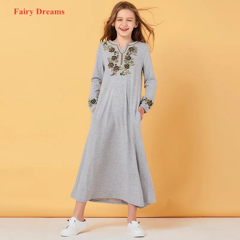 Женское серое мусульманское платье Цветочная Абая для детей Женский кафтан