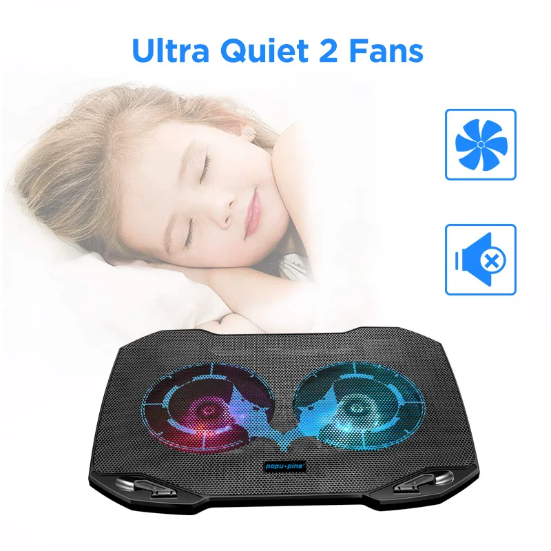 popupine gaming laptop cooler with 2 quiet big fans rgb 7 color light change portable usb laptop cooling pad 11 to 15 6 inch free global shipping