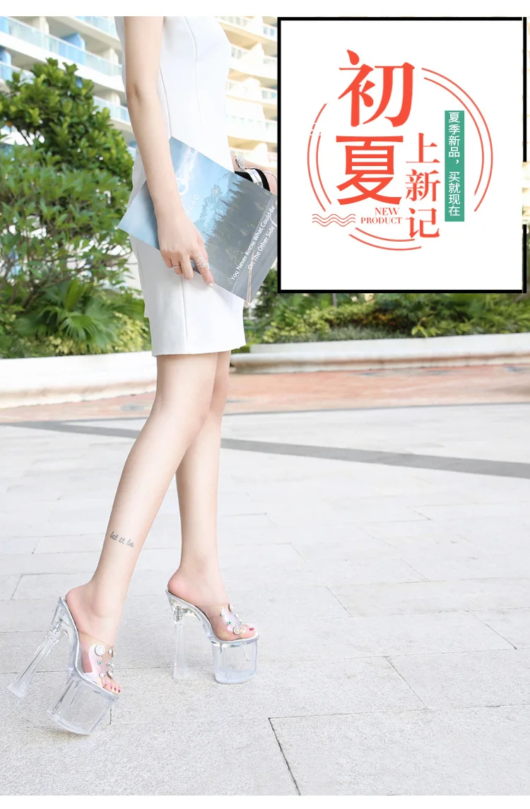 

Rocwickline New Summer and Autumn Women's Super high heels Platform Peep Toe Rivet Crystal Fashion Slip-On Square heel Pearl