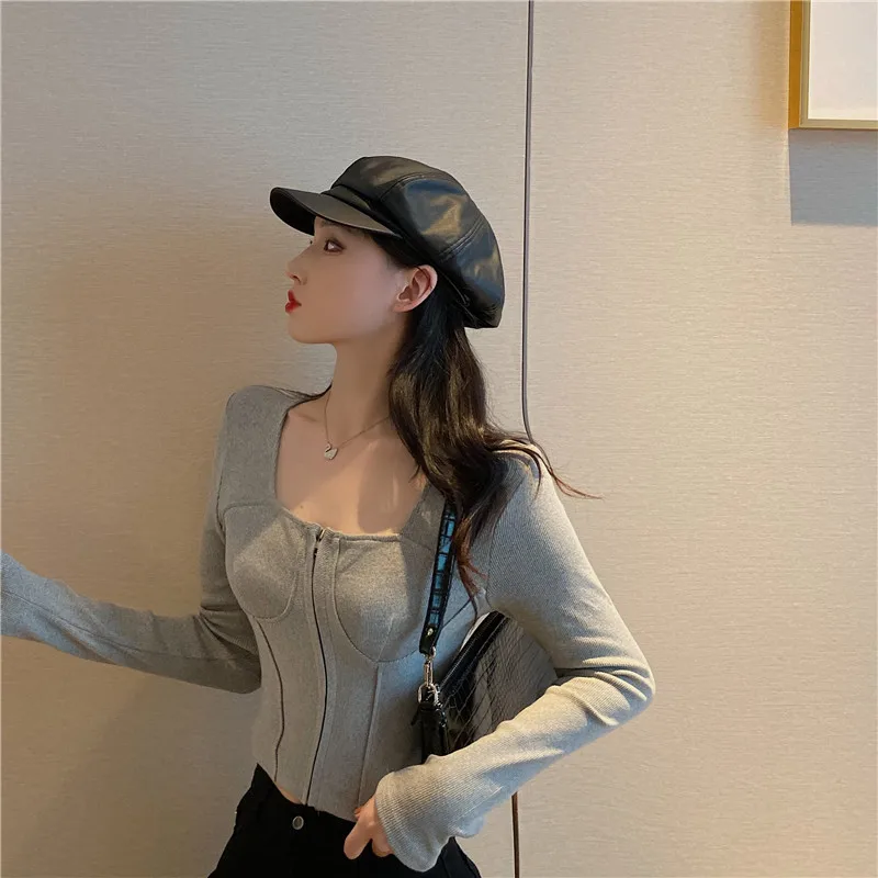 Zipper Knitwear Square Collar Shirt Slim Sweater Fashion Button Long Sleeve Bottoming Knit Tops Cropped Shirts Female Gray/Black |
