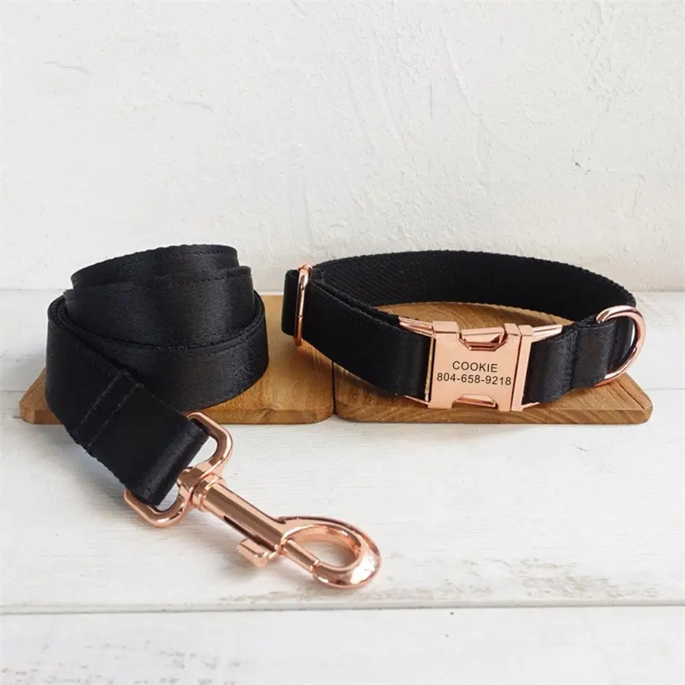 

Free Engraving Pet Collar Customized Nameplate ID Tag Adjustable Black Fiber Rose Buckle Cat Personalized Dog Collars Leash Set