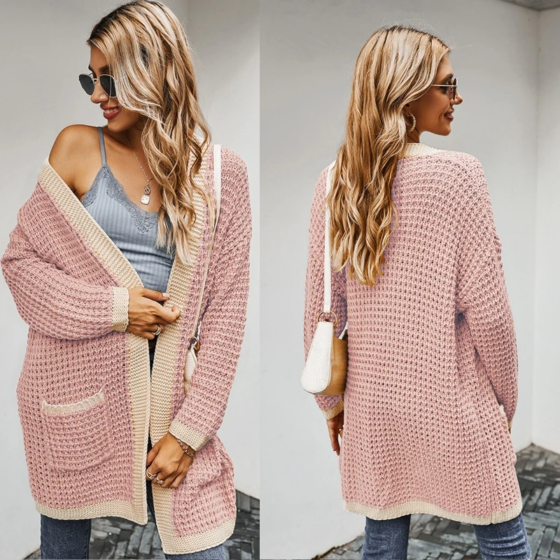 

Women Winter Long Sleeve Thicken Cardigan Chunky Crochet Knit Open Front V-Neck Sweater Coat Contrast Color Loose Mid-Length Out