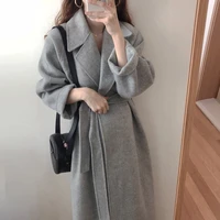 winter french style loose women imitation cashmere wool long coat casual ladies clothes with belt coats female