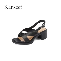 kanseet comfort thick heels 2021 new summer real leather women sandals 6cm high heels shoes basic daily black beige woman heels