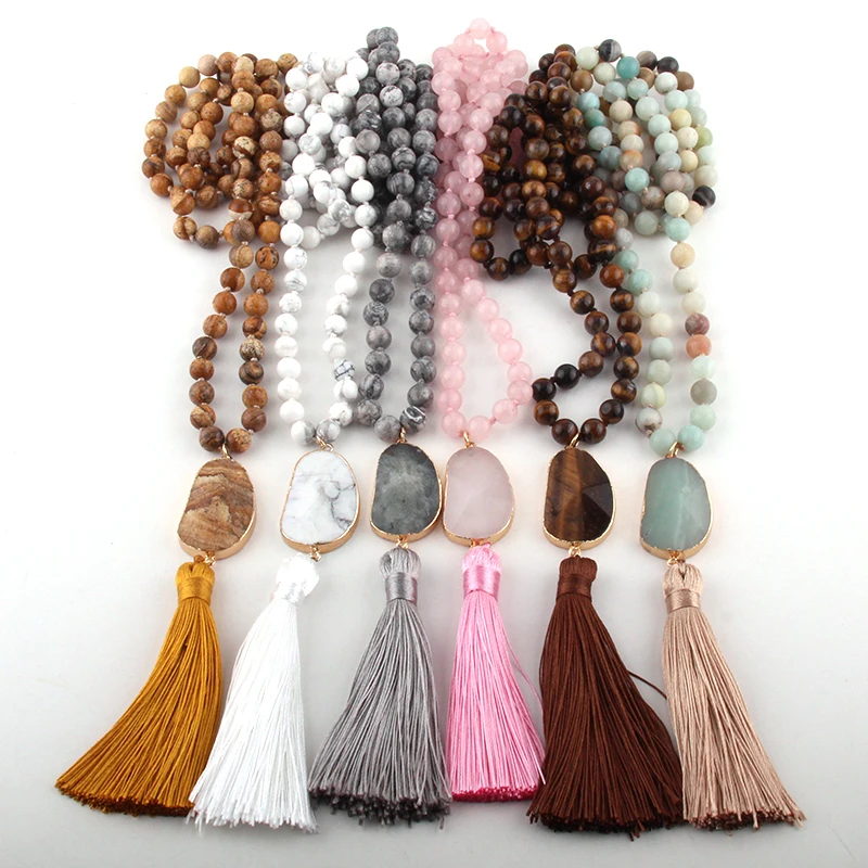 

Fashion Bohemian Tribal Jewelry Natural Stones Long Knotted Moon Stone Tassel Necklaces Women Necklace Dropship