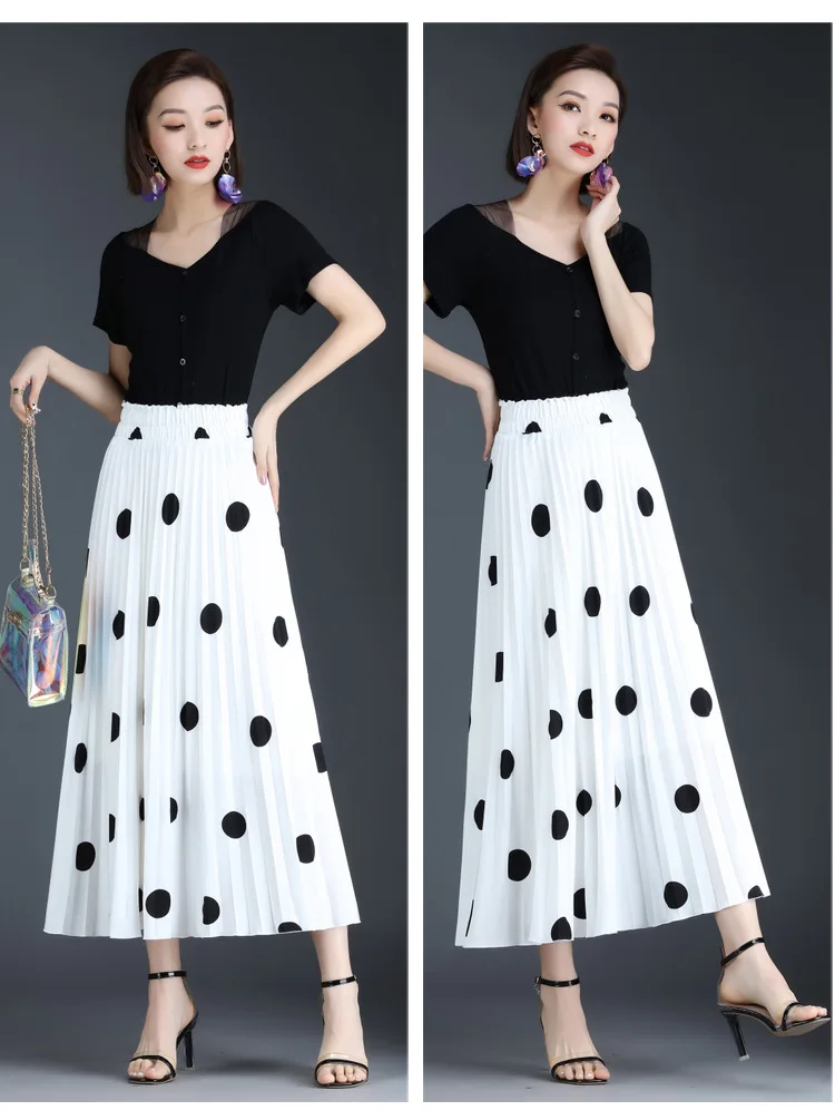 

Print Pleated Skirt 2021 Summer Women Fashion Elastic High Waist Loose Casual Big Swing Long Skirts Elegant Chic Dot Maxi Skirt