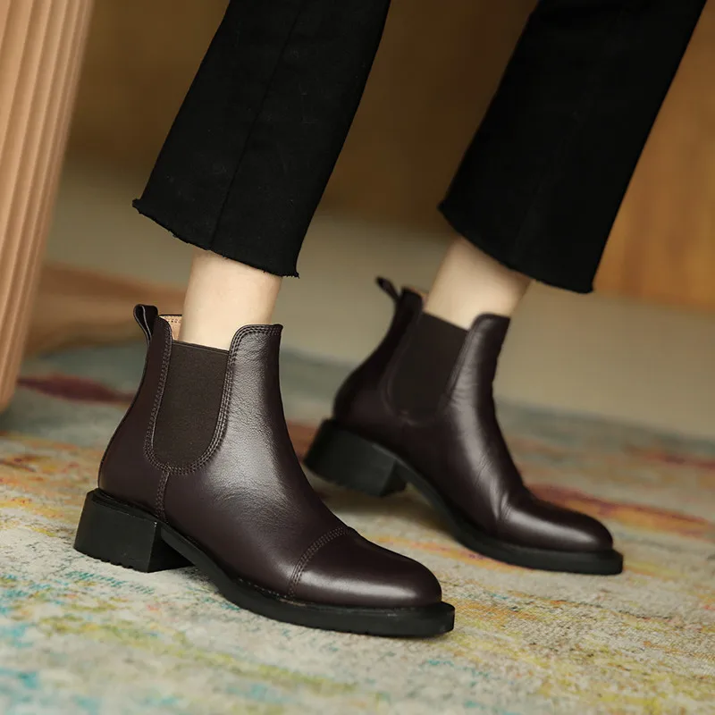 

Top Quality Natural Leather Short Boots Women Block Square Heels Chelsea Boot 2021 Autumn Winter Shoes Lady Female Booties 33-40