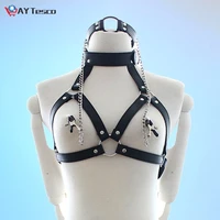 gothic cool couples faux leather choker collar with nipple breast clamp clip chain bra harness chest straps women