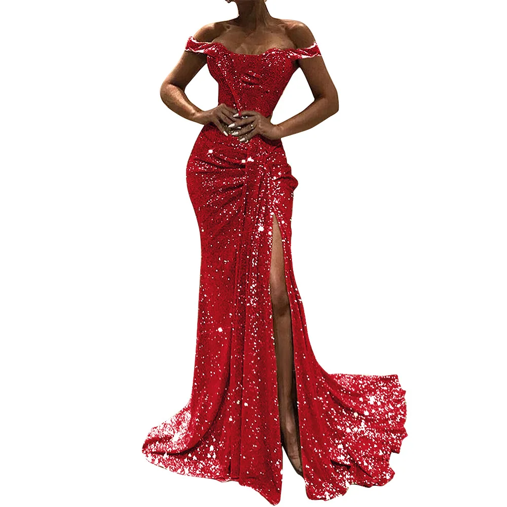 Без рукавов Длинные пайетки платье для женщин с высоким разрезом Сексуальные