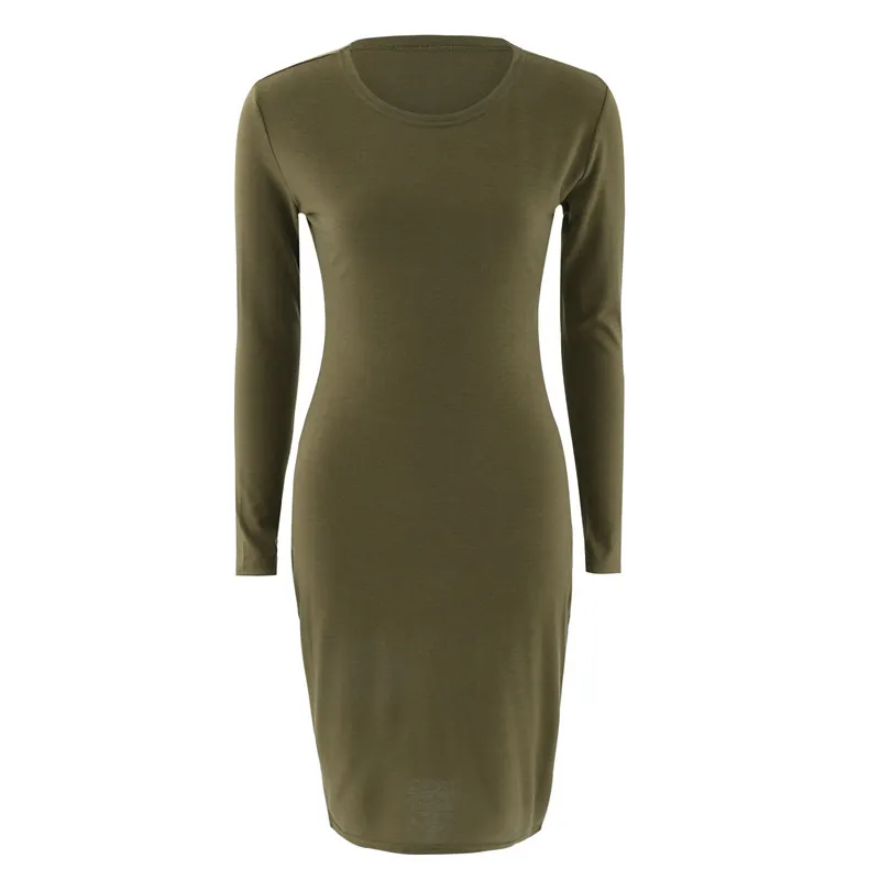 Elegant O Neck Midi Dress 2019 Autumn Winter Polyester Cotton Women Dress Gray Long Sleeve Bodycon Dress
