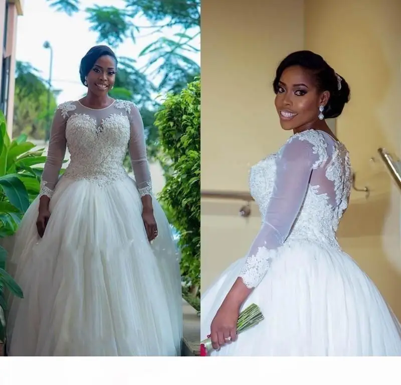 

Plus Size Long Sleeve Lace African Wedding Dresses Elegant Beaded Applique Bridal Dress Puffy Arabic Wedding Gowns Custom