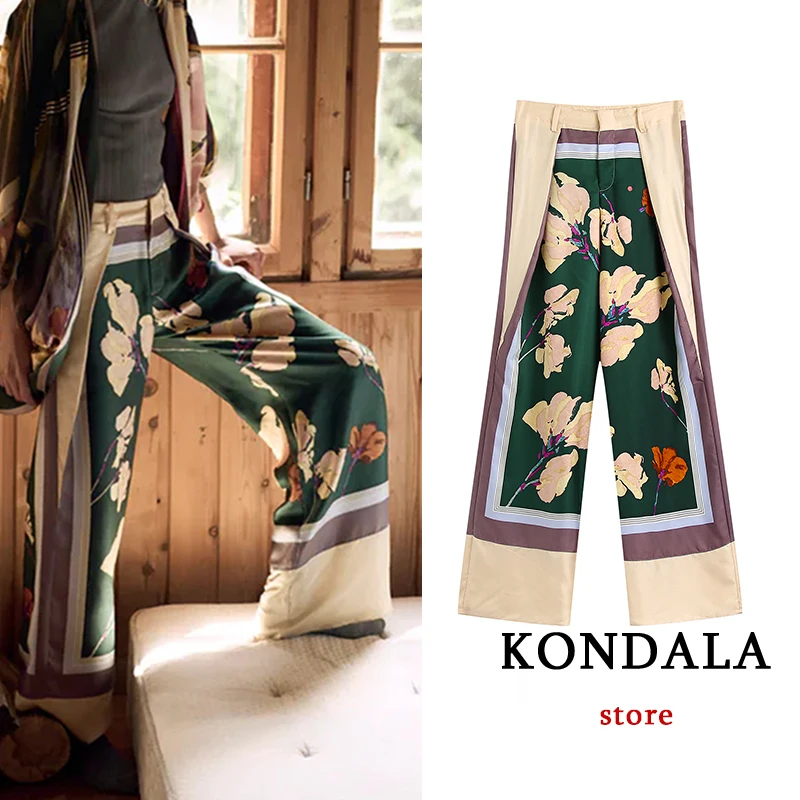 

KONDALA Za 2021 Vintage Chic Floral Spliced Long Pants High Waist Single Button Wide Leg Satin Fashion Autumn Pants