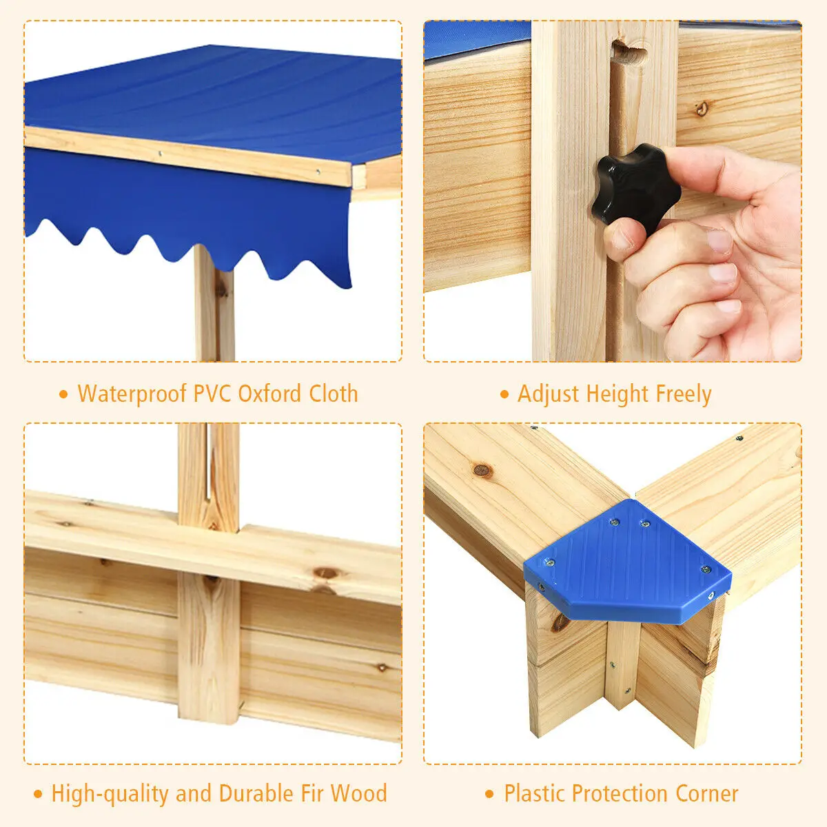 

Kids Wooden Sandbox Children Outdoor Playset w/ Convertible Canopy for Backyard