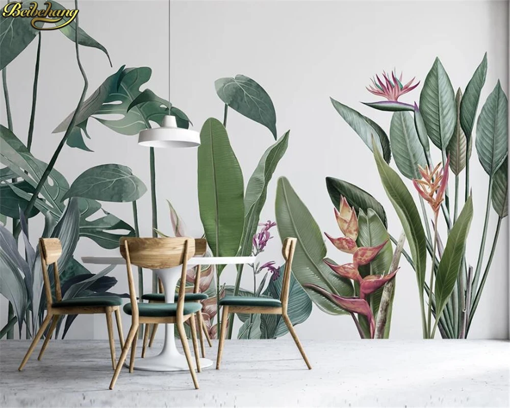 beibehang Custom wall paper mural nordic hand painted small fresh tropical plant flowers and birds background mural 3d wallpaper beibehang custom mural wallpaper hand painted tropical hand painted banana leaf plant photo wallpaper painting 3d papier peint