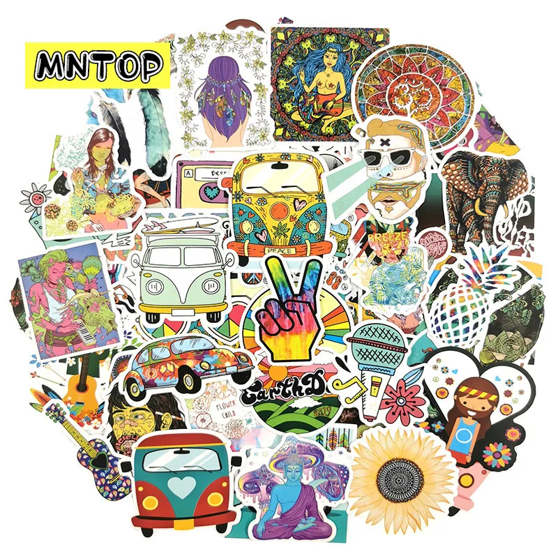 10/30/50/100pcs/pack Cartoon Hippie Retro Color Waterproof Stickers For Scrapbook Skateboard Laptop Motorcycle Computer Luggage