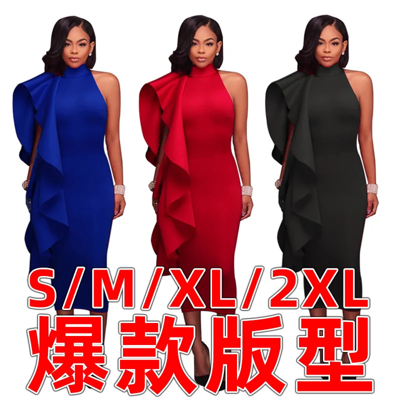 

Популярное осеннее женское однотонное платье средней длины с оборками в европейском и американском стиле 2019