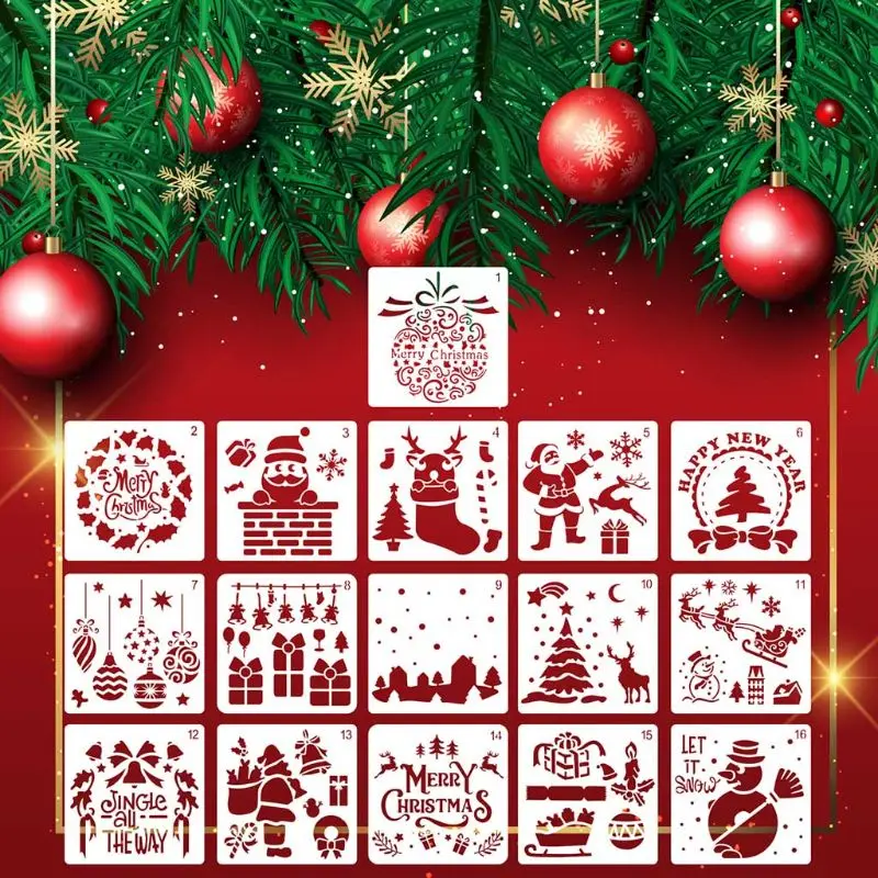 

16pcs/set DIY Merry Christmas Drawing Stencil Templates Embossing Paper Card Painting Scrapbooking Stamp Album Decor