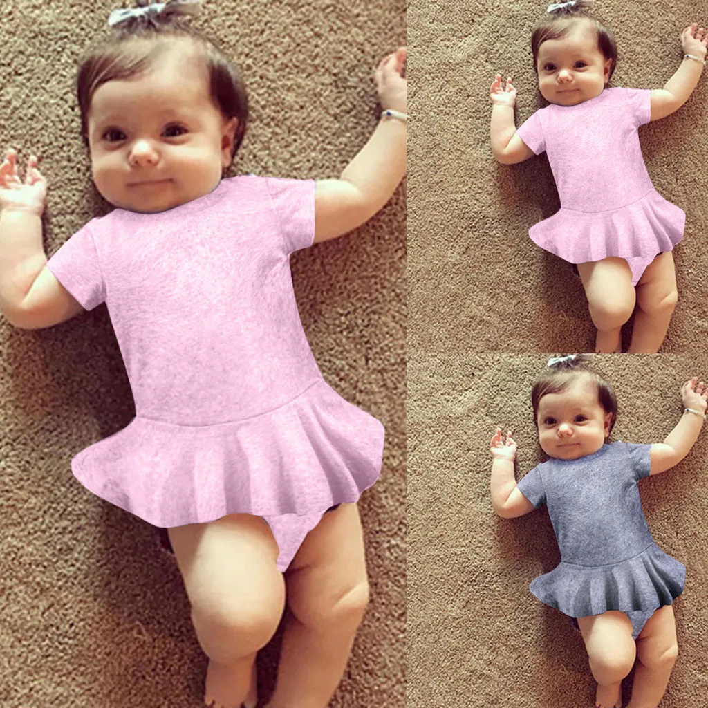 Детская одежда модное платье для малышей однотонное с круглым воротником и