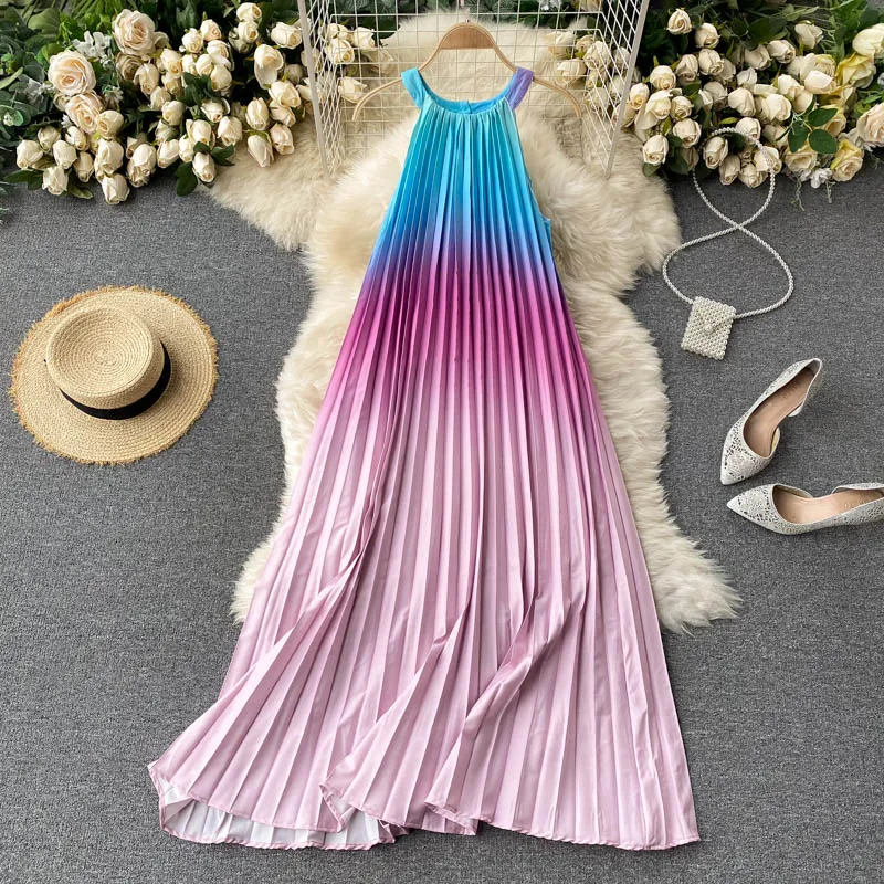 

Vintage Bohemian Holiday Maxi Dress Women Draped Vestidos Halter Neck Off Shoulder Gradient Printed Pleated Dresses Summer New