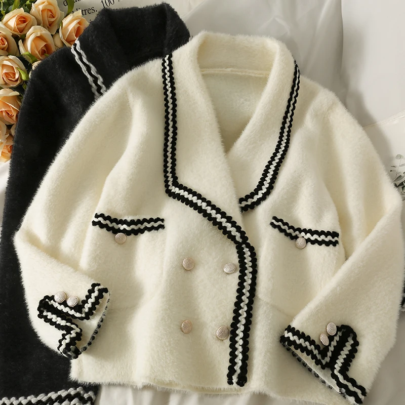 

Elegant Mink Sweater women's cardigans winter 2021 striped loose jacket Korean double-breasted long-sleeved knit cardigans top