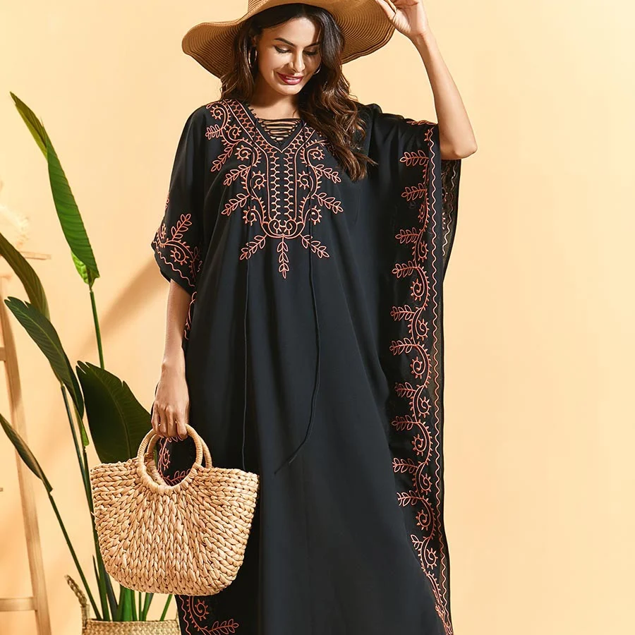 

Модель 2021 года, мусульманское модное женское платье большого размера с рукавом «летучая мышь» и вышивкой, плиссированное богемное длинное ...