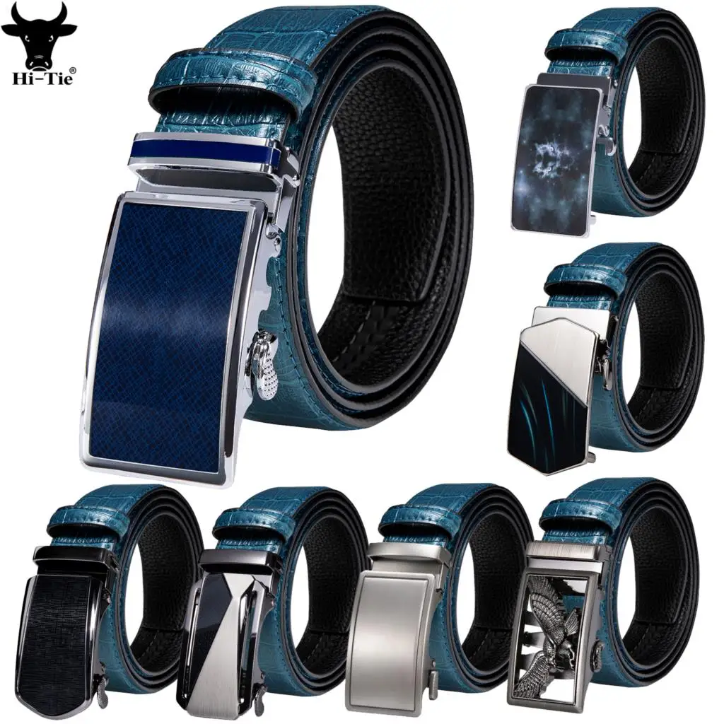 

Hi-Tie 50 Styles Automatic Buckles Mens Belts for Men Belt Blue Genuine Leather Emboss Ratchet Dress Jeans Waist Straps Causal