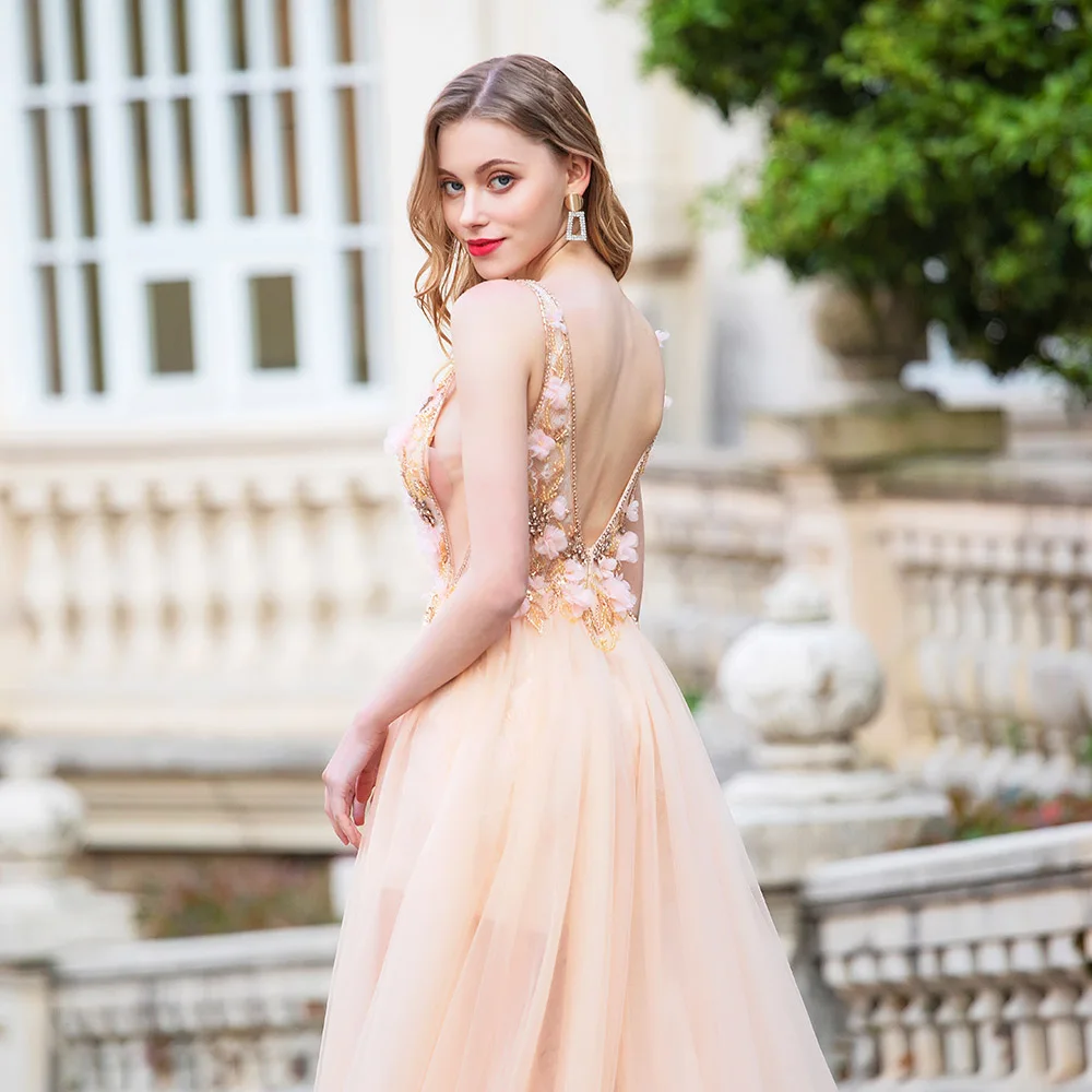 

YQLNNE New Champagne Long Prom Dresses Sexy Deep V Neck Diamonds Beads Tulle Backless Party Dress Sleeveless
