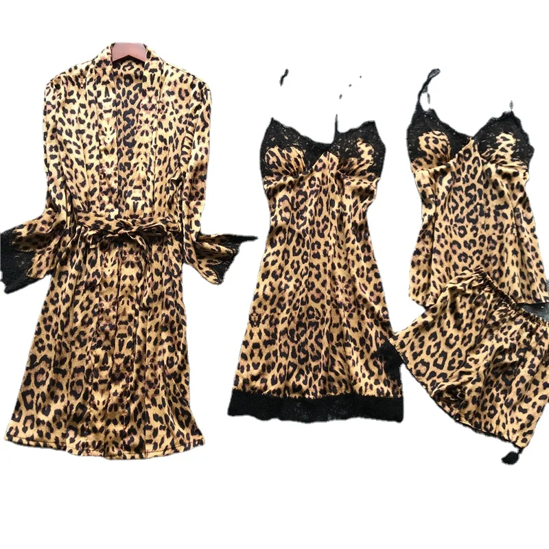 

2021 Spring New Long Sleeve Pajamas Woman Ice Silk Fashion Leopard Print Sexy Pajama Set sleepwear