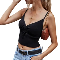 summer womens deep v crop top tie front ruched solid cami tops backless slim fit spaghetti strap tops