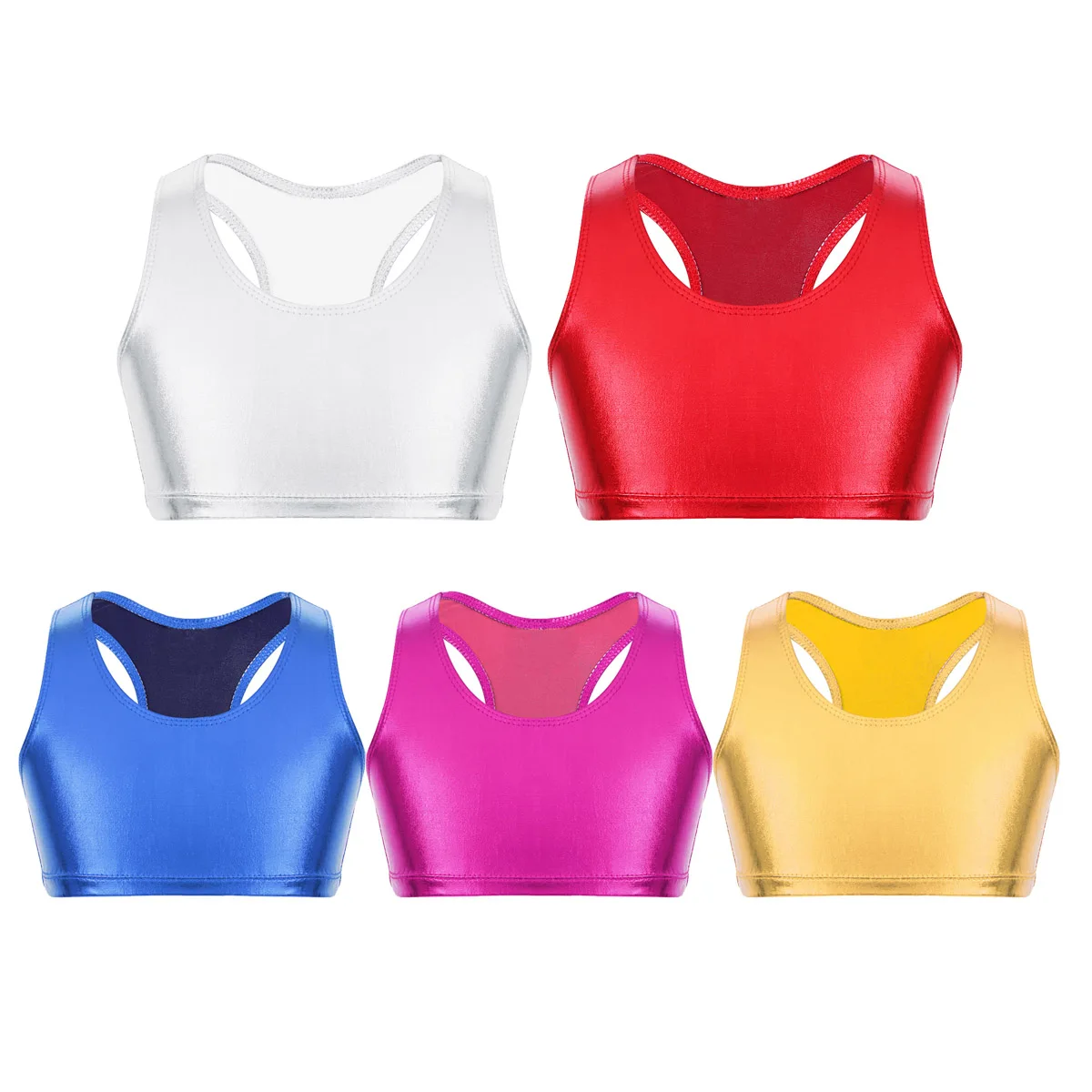 

New Girls Ballet Jazz Dance Crop Tops Kids Shiny Metallic Sleeveless Racer Back Tank Top Vest for Performance Gymnastics Workout