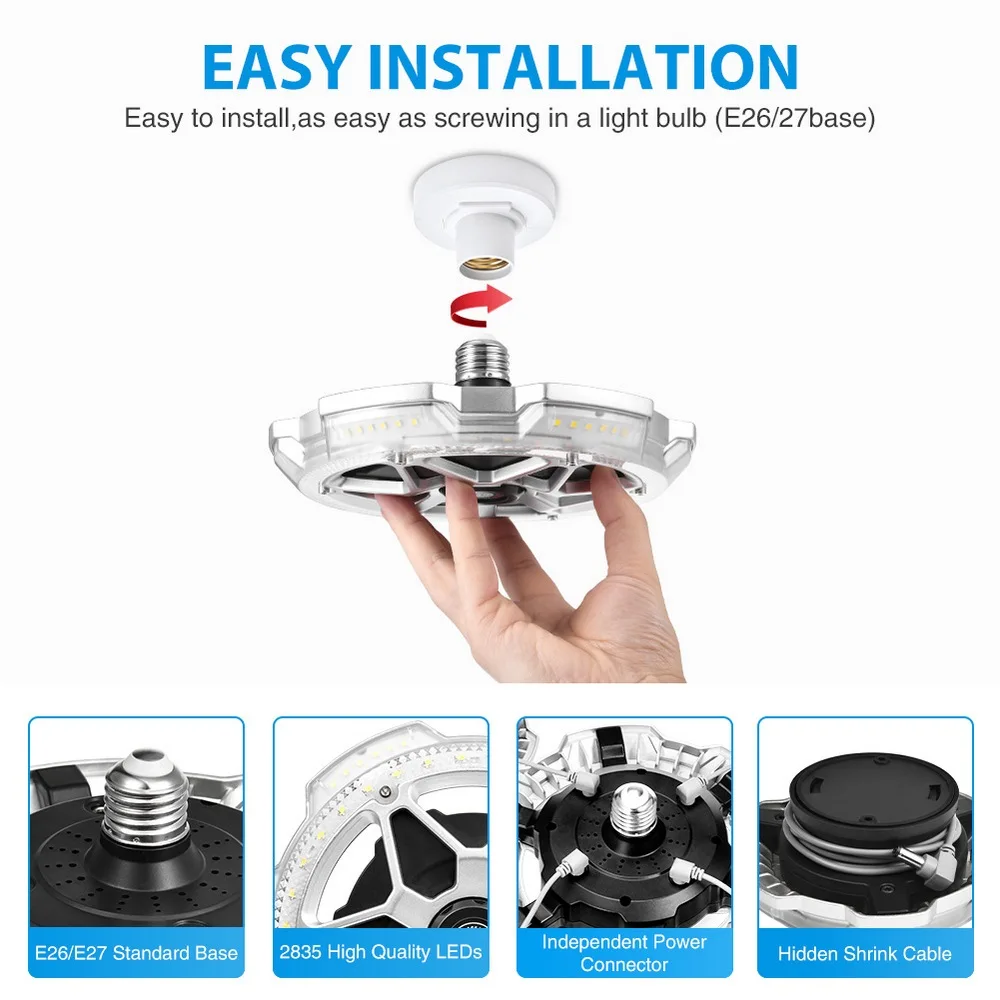 

120W Garage Light Round 5-head Lighting Ultra-high Brightness 12000LM E26/E27 Cold White Garage Lamp Loft Basement Home Office