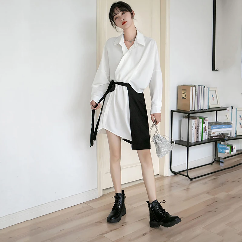 

[EAM] Women White Bandage Split Temperament Dress New Lapel Long Sleeve Loose Fit Fashion Tide Spring Autumn 2021 1DA297