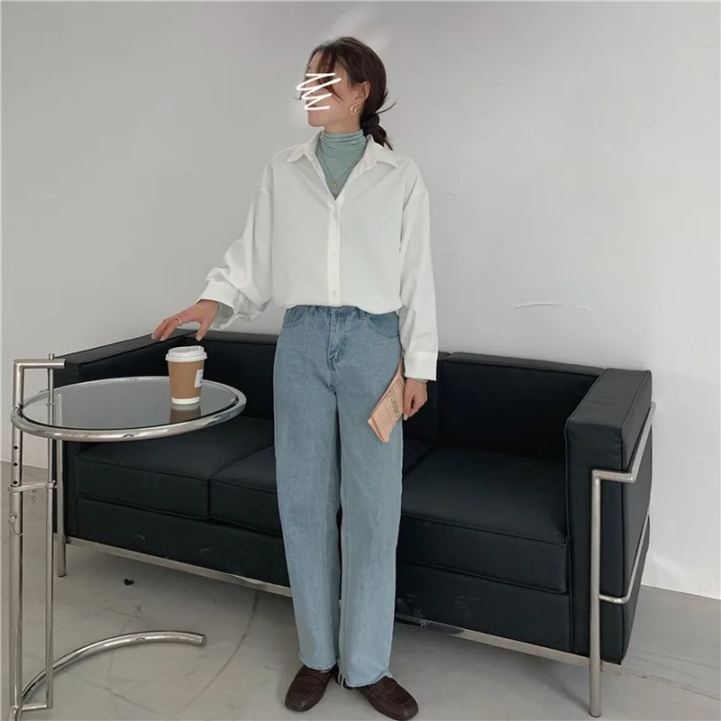 

Autumn 2021 Vintage Blouse Women New Korean Lapel Solid Long Sleeve Loose Blouse Plus Size White Tops Blusa Mujer Femme 11188