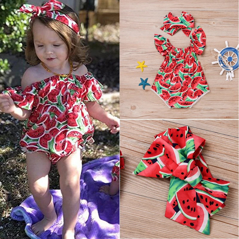 

2020 Summer Clothes Newborn Baby Girl Clothes Short Sleeve Off Shoulder Watermelon Print Ruffle Romper Jumpsuit Headband 2Pcs