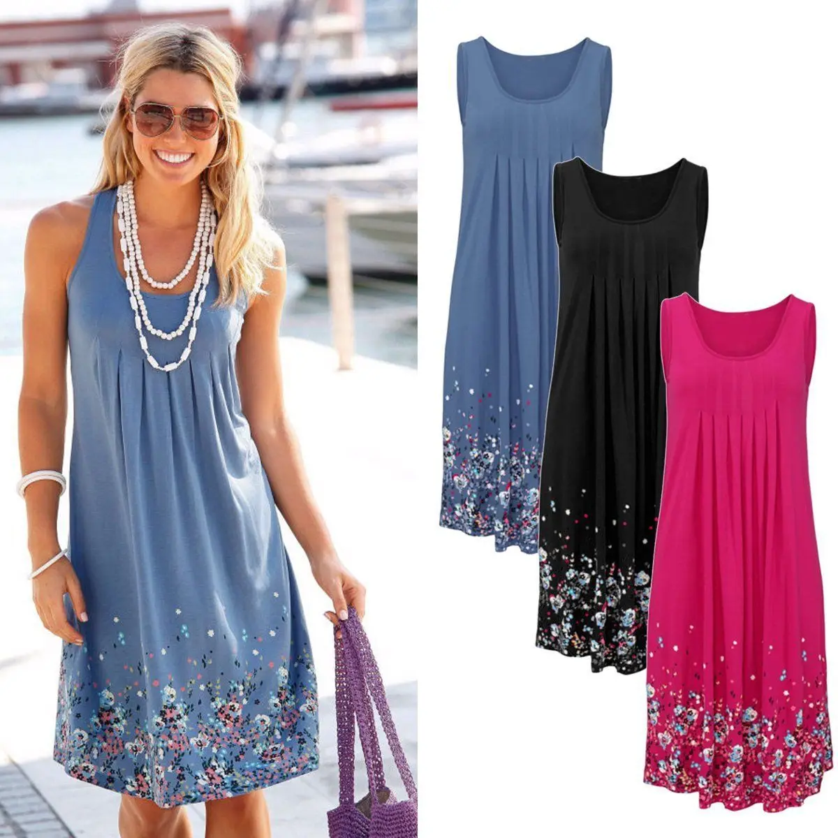 

Woman Dress Summer Floral Print Sleeveless vestidos Womens Casual Round Neck Dresses women Beach Dress Plus Size