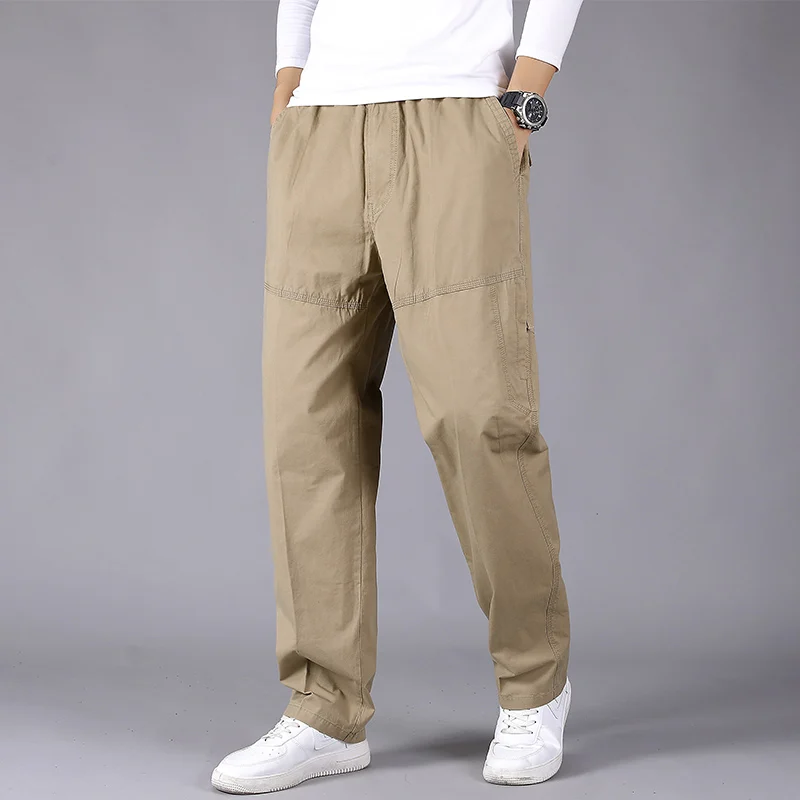 

Men Casual Cargo Pants Cotton Blends Mens Trousers Multi Pockets Loose Straight Jogging Pants Middle Aged Men Long Pant M-6XL