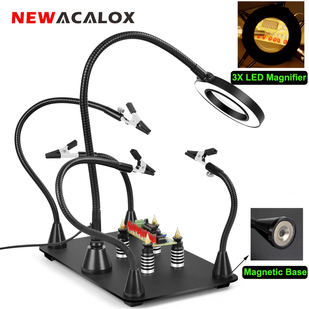 NEWACALOX Helping Hands Third Hand Soldering Station for PCB Holder 4 Flexible Magnetic Arms with 3X LED Magnifier Welding Tool