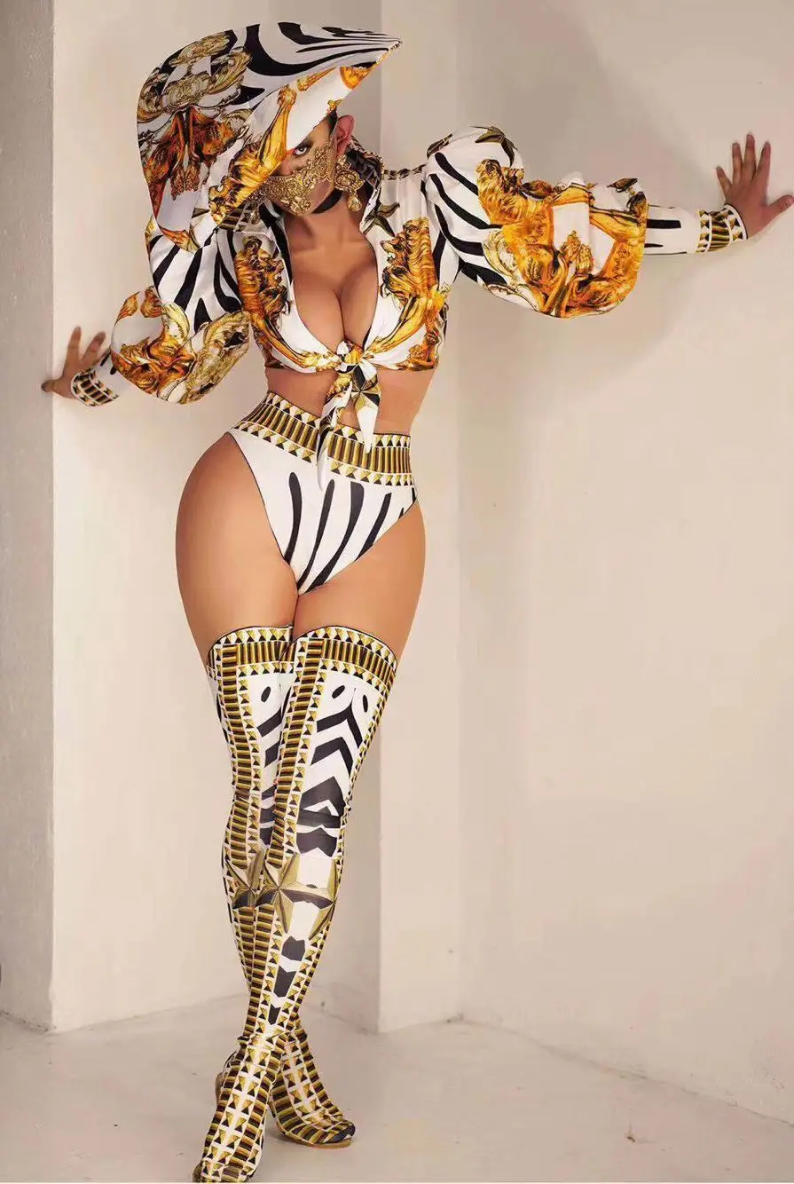 

Fashion Court Print Sexy Stage Outfit Sets Hats+ Top + Shorts + Stocking Women Nightclub Jazz Dancer DJ Performance Costumes