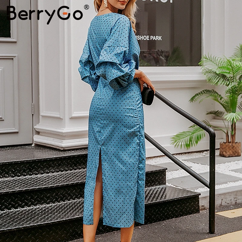 BerryGo Сексуальное Женское Платье с v-образным вырезом элегантный в горошек принт фонарь рукав женское вечернее платье осень тонкое дамское винтажное платье средней длины