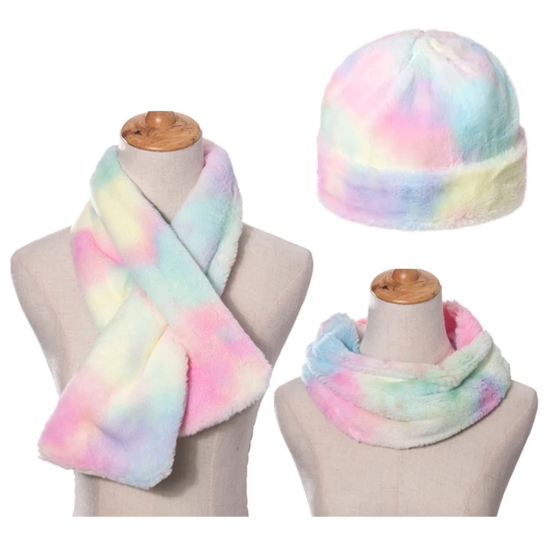 

3Pcs Unisex Colorful Tie Dye Beanie Hat with Scarf Set Thick Fuzzy Plush Outdoor Windproof Cuffed Skull Cap Neck Warmer