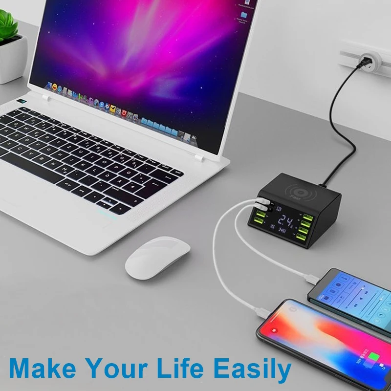 60 Вт USB Quick Зарядное устройство 8-Порты и разъёмы светодиодный Дисплей Быстрая зарядка 3,0 быстрая Зарядное устройство рабочего стола 10 Вт Беспроводная зарядная станция зарядка через usb паяльная станция