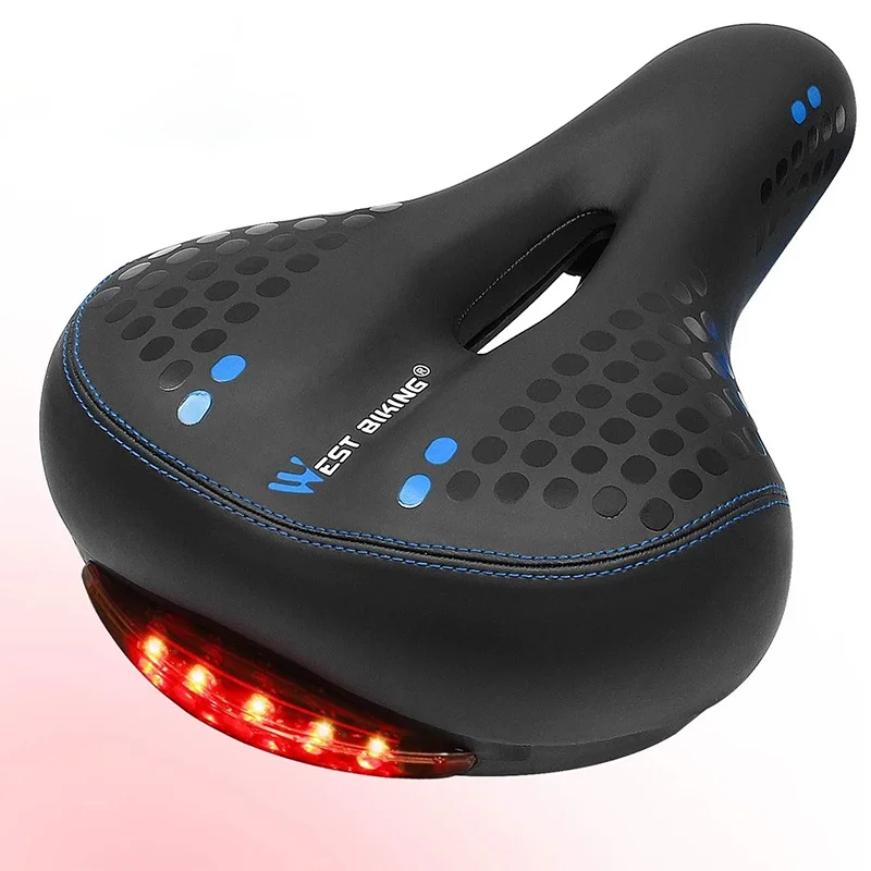 

Bicycle Saddle with Tail Light Thicken Widen MTB Soft Comfortable Bike Hollow Cycling Rear Seat Warning Lamp 3 Modes